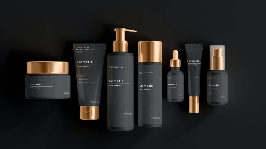 Cosmetics packaging on a black background as an example of visual design and branding.